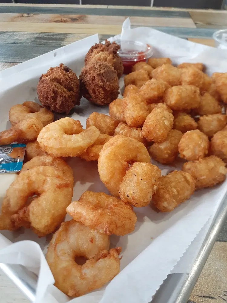 Shrimp Basket with Tater Tots and Hush Puppies